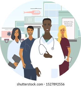 Doctors, nurses and chief physician team Hospital, emergency at the background. Group of professional medical specialists. Vector circle template for web, medical office, clinics, laboratory