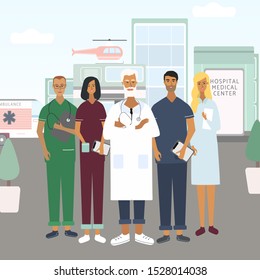 Doctors, nurses and chief physician team. Hospital, emergency at the background. Group of professional medical specialists. Flat vector in cartoon style for web, medical office, clinics, laboratory