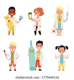 Doctors and nurses children characters set of flat vector illustration isolated on white background. Kids personages playing doctors or choosing medical profession.