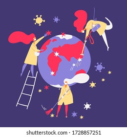 Doctors and nurses clean the world of the virus with a vacuum cleaner, a broom, and manually.vector illustration.