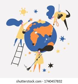 Doctors and nurses clean the world of the virus with a vacuum cleaner, a broom, and manually.vector illustration.