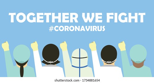 Doctors and Nurses clench his fist in the air to fight together against coronavirus concept. Flat Vector Design