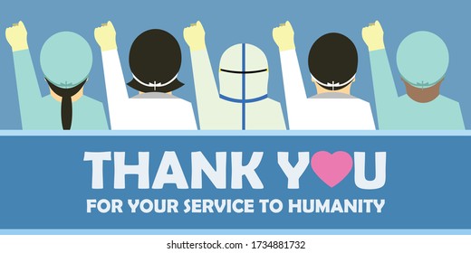Doctors and Nurses clench his fist in the air to fight together against coronavirus concept. Thank you for your service to humanity flat vector design