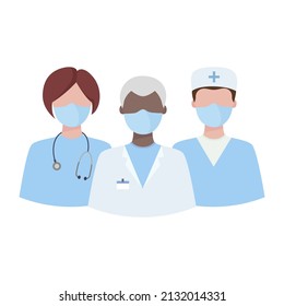 Médicos y enfermeras de diferentes nacionalidades en máscaras. El concepto de salud y medicina. Ilustración de vectores planos 