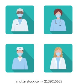 Doctors and nurses of different nationalities in masks. The concept of health and medicine. Flat vector icons. 
