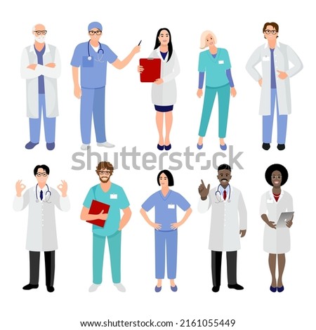 Doctors and nurses different races and ages. Vector illustration