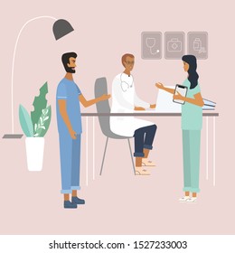 Doctors and nurses discussing and talking at the clinic. Teamwork of medical specialists . Flat  vector illustration in cartoon style for web, medical office, clinics, laboratory
