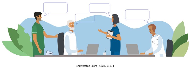 Doctors and nurses discussing and talking at the clinic concept. Teamwork of medical specialists with speech bubbles. Vector illustration in cartoon style for web, medical office, clinics, laboratory