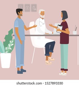 Doctors and nurses discussing and talking. Teamwork of medical specialists at the clinic . Flat  vector illustration in cartoon style for web, medical office, clinics, laboratory