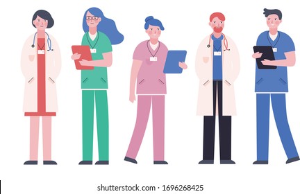 Doctors and nurses is doing their best in pandemic recently. The characters are Illustrated in cute and warm style. Show the caring for people.