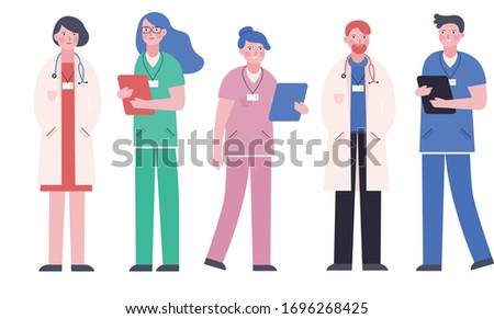 Doctors and nurses is doing their best in pandemic recently. The characters are Illustrated in cute and warm style. Show the caring for people.