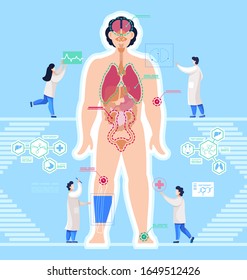 Doctors and nurses examining people body. Human organism with organs and problems. Docs making diagnostics. Scientists scanning personage. Healthcare medicine, vector in lat style illustration