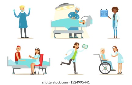 Doctors and Nurses Examining and Treating Patients Set, Medical Care in Clinic or Hospital, First Aid Rescue Emergency Help Vector Illustration