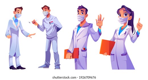 Doctors and nurses in face masks. Hospital or clinic medical staff in professional uniform. Vector cartoon set of people in white coat, specialists in medicine, physicians, surgeons and dentists