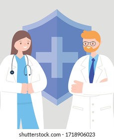 doctors and nurses, female and male physicians staff medical occupation characters vector illustration