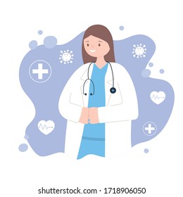 doctors and nurses, female physician with stethoscope cartoon portrait vector illustration