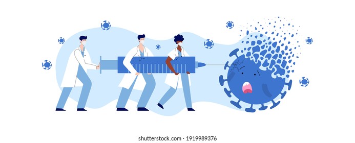 Doctors and nurses fight coronavirus with covid-19 vaccine. People carry big syringe with antivirus shot and inject pathogen. Healthcare, coronavirus, prevention and immunize. Stop covid pandemic.