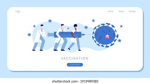 Doctors and nurses fight coronavirus with covid-19 vaccine. People carry big syringe with antivirus shot and inject pathogen. Healthcare, coronavirus, prevention and immunize. Stop covid pandemic.