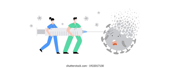 Doctors and nurses fight coronavirus with covid-19 vaccine. People carry big syringe with antivirus shot and inject pathogen. Healthcare, coronavirus, prevention and immunize. Stop covid pandemic.