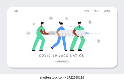 Doctors and nurses fight coronavirus with covid-19 vaccine. People carry big syringe with antivirus shot and inject pathogen. Healthcare, coronavirus, prevention and immunize. Stop covid pandemic.
