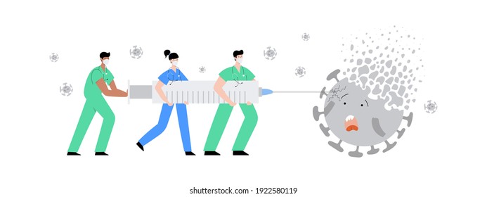 Doctors and nurses fight coronavirus with covid-19 vaccine. People carry big syringe with antivirus shot and inject pathogen. Healthcare, coronavirus, prevention and immunize. Stop covid pandemic.