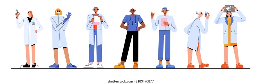 Doctors And Nurses Flat Characters Set. Professional Health Care Workers Ready To Help Patient, Examining X-ray Image, Prescribing Medicines, Holding Vaccination Syringe. Medical Clinic Staff