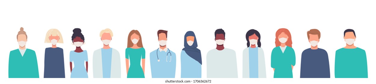 Doctors, Nurses, Healthcare Workers, Medical Staff. Multiethnic Group Of People In Medical Masks. Coronavirus COVID-19 Quarantine. Vector Illustrations In Flat Style Isolated On White. Place For Text