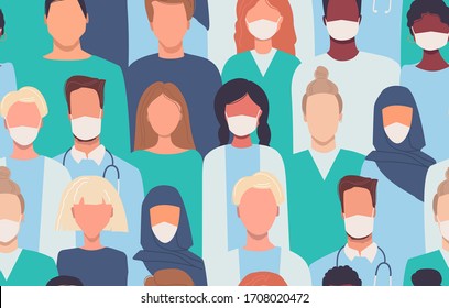 Doctors, nurses, healthcare workers, medical staff. Background, wallpaper. Endless texture. Vector seamless pattern in flat style. Mutliethnic group of people. Medical mask. Stop coronavirus COVID-19.