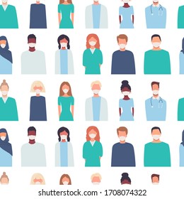 Doctors, nurses, healthcare workers, medical staff. Vector seamless pattern in flat style with people of different nationalities in masks isolated on white. Coronavirus COVID-19. Health care, medicine