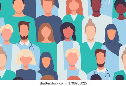 Doctors, nurses, healthcare workers, medical staff. Health care, medicine concept. Background, wallpaper. Endless texture. Modern vector seamless pattern in flat style. Mutliethnic society. People