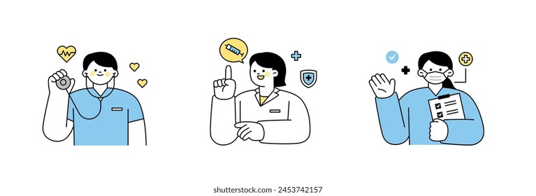 Doctors and nurses holding stethoscopes and explaining vaccines and checklists. outline simple vector illustration.