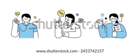 Doctors and nurses holding stethoscopes and explaining vaccines and checklists. outline simple vector illustration.