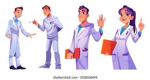 El personal sanitario del hospital de médicos y enfermeras se ha establecido. Personajes en túnicas médicas con material e instrumentos médicos. Personal clínico, profesión médica. Ilustración vectorial de personas de dibujos animados