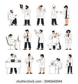 Doctors and nurses. Isolated medical group, people in white uniform. Pharmacist, physician and doctor. Ambulance team, recent hospital vector set