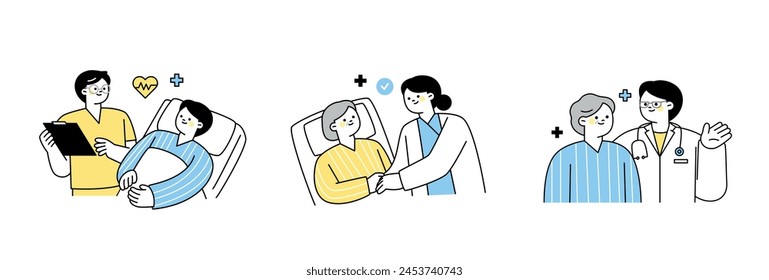 Doctors and nurses are making rounds on inpatients, holding hands and giving friendly explanations. outline simple vector illustration.