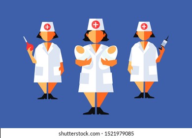 Doctors or nurses. Maternity hospital workers with babies in hands. Isolated images, blue background. Vector illustration