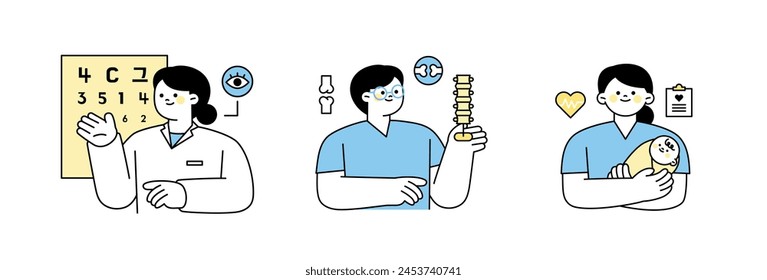 Doctors and nurses measuring eyesight, lifting vertebrae, holding a baby. outline simple vector illustration.