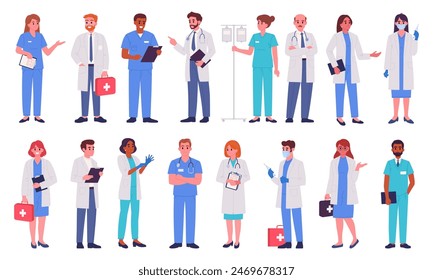 Doctors and nurses. Medical clinic workers, doctor, paramedic and nurse, hospital professional staff, therapist and anesthesiologist flat vector illustration set. Healthcare and medicine characters