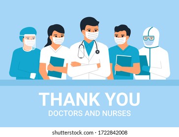 Doctors and nurses medical personnel, man and woman medical professional is hero. Thanks to doctors and nurses for helping people. Health care worker. Fight against corona viruses. Vector illustration