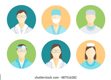 Doctors and nurses Medical Staff avatars Set Flat Pixel Perfect Art. Vector illustration of doctor, nurse, surgeons and other medicals practitioners. 