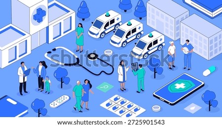 Doctors, nurses, medical staff communicate with patients near hospital or clinic building. Healthcare infrastructure, public health, emergency care infographic concept. Vector isometric illustration.