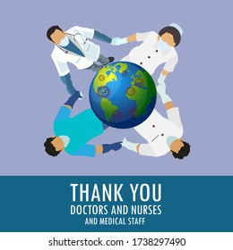 doctors, nurses and medical staff saved the world from a pandemic and fighting the coronavirus, vector illustration