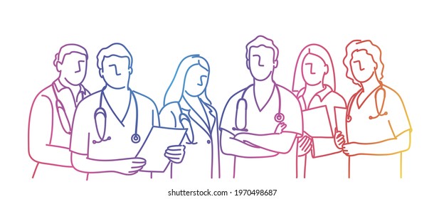 Doctors and nurses. Medical team concept. Hand drawn vector illustration. Color line.