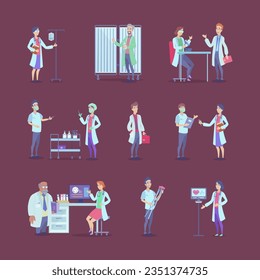 Doctors and nurses with medical tool vector illustrations set. Collection of drawings of hospital staff with laboratory equipment, drip, microscope, computer. Medicine, healthcare, profession concept