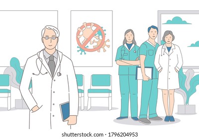 Doctors, nurses, and medical workers standing together in the hospital vector cartoon outline illustration. Smiling men and women in uniform working in clinic after pandemic of Coronavirus Covid-19.