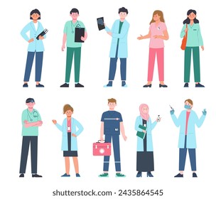 Doctors and nurses. Medical workers in uniform. Hospital team characters, ambulance employee. Pediatrician and surgery, splendid vector set