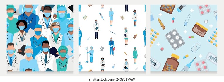 Doctors, nurses and medicines. Set of seamless patterns. Thanks to the doctors for saving lives. Doctors, nurses and paramedics in medical clothes and protective masks of different nationalities and g