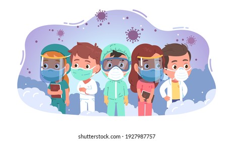 Doctors, nurses men, women wearing personal protective equipment for coronavirus. Hospital staff team persons in PPE coverall, masks, face shields, goggles, gloves for COVID. Flat vector illustration