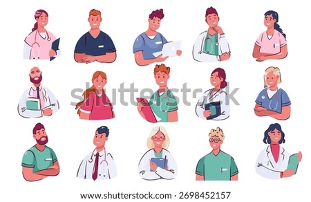 Doctors, nurses and paramedics cartoon avatars set. Funny portraits of happy professional doctors, male and female physician, surgeon, pharmacist. Hospital staff cartoon collection vector illustration