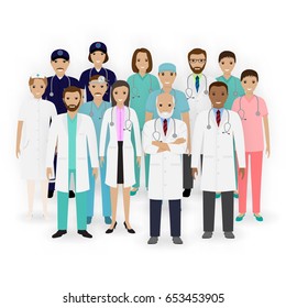Doctors, nurses and paramedics characters icons. Group of medical staff. Hospital team. Medicine banner. Flat style vector illustration.